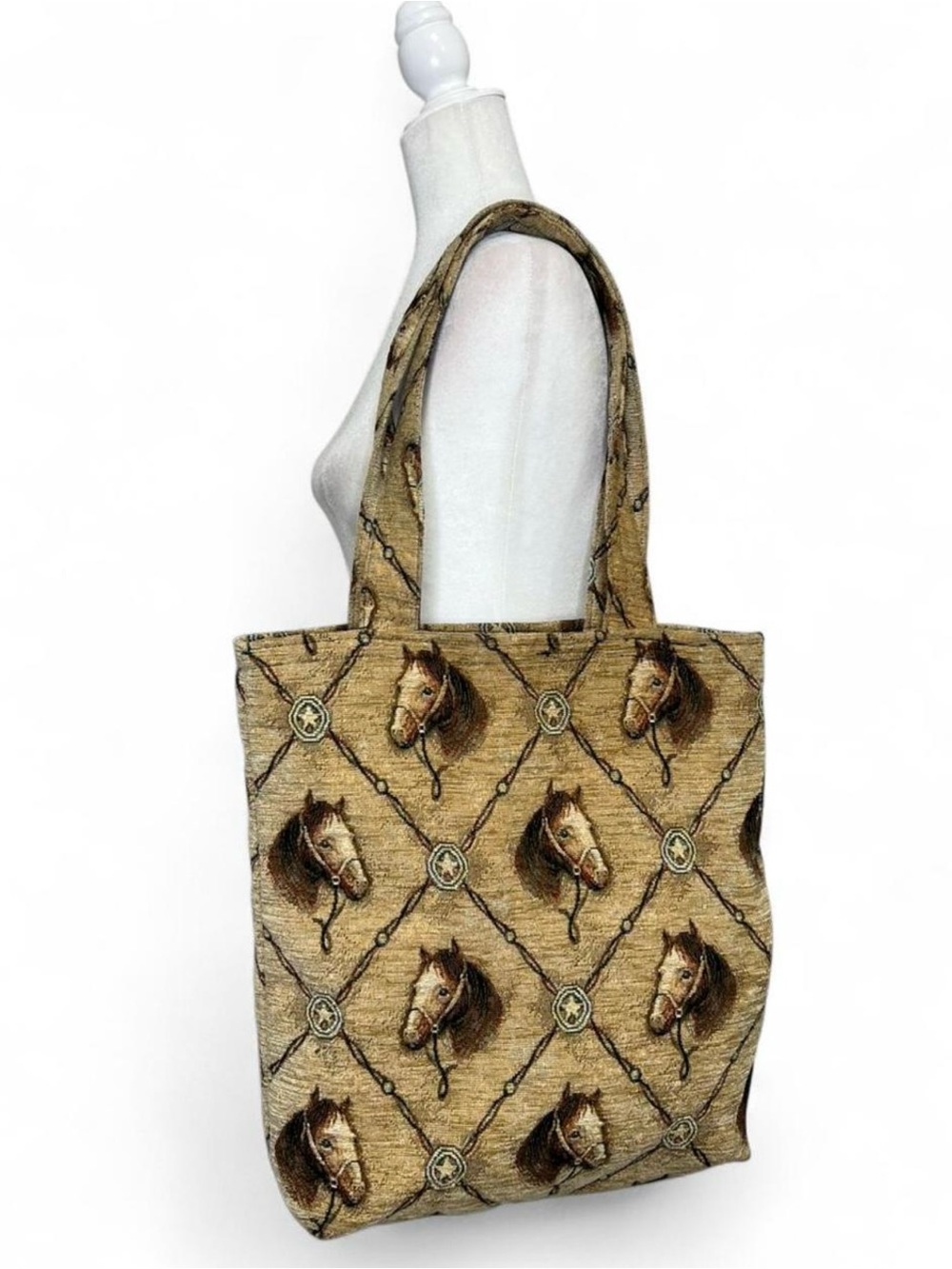 Horse Motif Beige Tote Bag - Classic Equestrian Tapestry